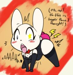 2018 ahe_gao all_fours anthro armwear blush bow_tie breasts buckteeth cleavage clothed clothing dialogue dildo drooling elbow_gloves english_text female fur gloves heart lagomorph large_insertion leaning leaning_forward legwear leotard looking_pleasured magician mammal masturbation open_mouth penetration pose rabbit saliva sex_toy shortstack simple_background small_breasts solo star_shaped_pupils stomach_bulge teeth text thigh_highs tongue tongue_out vaginal_penetration vono white_fur