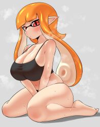 1girls alternate_breast_size belly breasts cleavage female inkling inkling_girl kaori_(splatoon) kneeling large_breasts light-skinned_female light_skin long_hair nintendo nobunagapero orange_hair shiny_skin splatoon splatoon_(series) tank_top tentacle_hair thick_thighs thighs thighs_together wide_hips