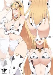 blonde_hair cow_print cowbell cowprint_bikini gold_eyes kaos_art large_breasts maid_apron mythra pushing_breasts_together tagme thighhighs xenoblade_(series) xenoblade_chronicles_2