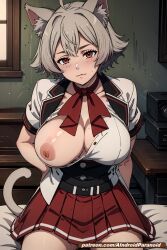 ai_generated aindroidparanoid ass big_ass big_breasts big_butt breasts cat_ears cat_girl gray_hair hourglass_figure huge_breasts indoors jacket large_ass large_breasts linia_dedoldia mushoku_tensei narrow_waist nipples red_eyes school_uniform short_hair skirt stable_diffusion tits_out