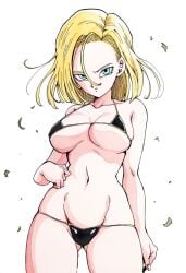 ai_assisted android_18 bare_arms bare_belly bare_legs bare_shoulders bare_thighs belly_button big_breasts bikini black_bikini blonde_hair blue_eyes breasts cleavage closed_mouth collarbone dragon_ball groin jei_games micro_bikini short_hair sideboob thighs underboob