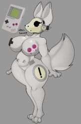 anthro anthrofied big_breasts black_eyes breasts covered_nipples curvy_figure digital_media_(artwork) eyelashes featureless_crotch female foxgumie fur game_boy game_boy_family grey_body grey_fur hi_res machine nintendo onomatopoeia protogen protogen_visor reference_image simple_background sound_effects text thick_eyelashes thick_thighs white_body white_fur wide_hips