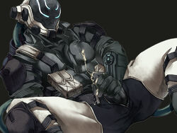 1boy after_masturbation cum_on_chest cum_on_gloves cum_on_hand hatonasi helmet helmet_covering_face helmet_only lost_planet male_only masturbation penis penis_grab spread_legs