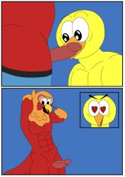 anthro avian bird ciel-wolf clothing erection feathered_wings feathers genitals male male/male muscular muscular_anthro nickelodeon parrot penis red_body sergio_(the_casagrandes) the_loud_house undressing walt_loud wings yellow_body