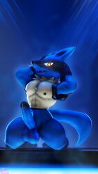 1boy 3d 3d_(artwork) 3d_animation abs anubis aura balls black_body blue_body canine cock commission commissioner_upload erection furry furry_only gay hands_behind_head looking_at_viewer looking_pleasured lucario male male_only moonwulf muscular muscular_male nipples penis penis_veins pokemon pokemon_(species) pose precum presenting_penis sfm simple_background smirk smirking smirking_at_viewer smoke source_filmmaker stage tan_body