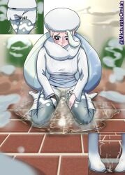 female female_only melony_(pokemon) micturate_omiah omorashi peeing peeing_self pokemon pokemon_ss urinating urinating_female urination urine_pool wet_clothes wet_clothing