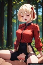 1boy ai_generated ariavisions blonde_hair chisato chisato_nishikigi cowgirl cum_in_pussy cum_inside drooling lycoris_recoil moaning nishikigi_chisato red_eyes ribbon riding riding_penis sex spread_legs vaginal_penetration