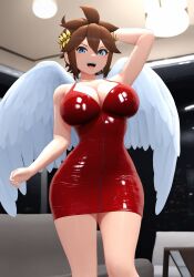 1girls 3d 3d_model ai_generated angel angel_wings blue_eyes brown_hair dress genderswap_(mtf) kid_icarus large_breasts latex nintendo pit pit_(kid_icarus) red_dress rule_63 spiked_hair