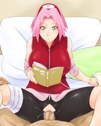 1boy 1girls 2d blush book breasts closed_mouth covered_erect_nipples cutout embarrassed faceless_male female female_focus full_color fully_clothed green_eyes large_breasts male_pov missionary missionary_position naruto naruto_(series) naruto_shippuden penetration penis pink_hair pov pussy reading reading_book sakura_haruno sakura_haruno(shippuden) sex short_hair source_request sunahara_wataru vaginal_penetration vaginal_sex