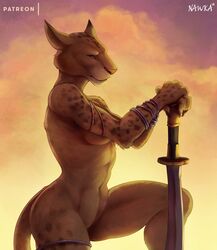 2018 anthro athletic barely_visible_genitalia barely_visible_pussy breasts feline feline female hi_res magic_the_gathering mammal medium_breasts melee_weapon mirri_cat_warrior muscular muscular_female nawka nude pussy signature sky solo sword weapon