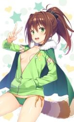 areola_slip ass_visible_through_thighs bare_legs bare_thighs blush breasts brown_hair choker collarbone green_eyes green_panties hand_in_pocket kono_subarashii_sekai_ni_shukufuku_wo! lean_(konosuba) no_bra no_shorts open_jacket open_mouth panties peace_sign ponytail raccoon_tail shiny_skin sideboob small_breasts smile thighs yuuki_hagure zipper zipper_pull_tab