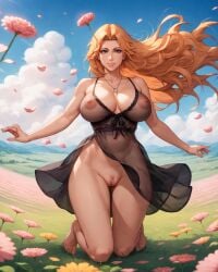 1girls ai-created ai_generated alex-schura areolae bare_shoulders barefoot bleach bleach:_the_thousand-year_blood_war blonde_hair blue_eyes blue_sky blush breasts censored cleavage clothing cloud completely_nude curvaceous curvaceous_female curvaceous_figure curvy curvy_figure day dress erect_nipples feet female female_focus female_only field flower full_body grass huge_breasts jewelry kneeling large_breasts light-skinned_female light_skin lingerie lips long_hair looking_at_viewer matsumoto_rangiku mole mole_under_mouth mommy mosaic_censoring navel necklace nipples no_bra nopan orange_hair outdoors parted_lips patreon_username petals pubic_hair see-through sky smile solo standing thighs underwear vagina voluptuous voluptuous_female white_dress wind