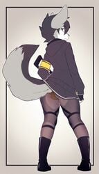 anthro ass backsack balls black_hair blue_eyes boots bulge canine clothed clothing fennec footwear fox fur girly grey_fur gun hair hoodie jakob_kovar knee_pads legwear looking_at_viewer looking_back male mammal ranged_weapon simple_background skimpy skirt solo solo_male standing stockings straps suelix weapon white_fur