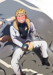 1boy bar_censor blonde_hair blush blushing censored clenched_teeth clothed colored embarrassed fingerless_gloves fur_collar_jacket hand_on_penis heavy_blush holding_penis kemukemuke male male_only mashirao_ojiro masturbation my_hero_academia penis pointless_censoring ripped_clothing small_penis solo solo_male sweat tail tearing_up torn_clothes torn_pants