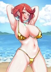 1girls alternate_costume armpit_fetish armpit_focus armpits arms_behind_head arms_up beach big_breasts bikini breasts female female_only golden_bikini looking_at_viewer nintendo pyra red_hair short_hair solo thick_thighs thong tim90b xenoblade_(series) xenoblade_chronicles_2