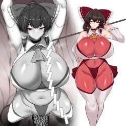 2girls alternate_costume bodysuit brainwashing female gohei huge_ass huge_breasts multiple_girls nipples post_transformation reimu_hakurei sinkai taimanin_suit thick_thighs touhou transformation voluptuous_female wide_hips