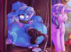 ... 2018 absurdres anal anal_sex animal_genitalia animal_pussy anus bondage bound chains clitoris cloth_gag cutie_mark dialogue dimwitdog double_penetration english_text equine equine_pussy eyelashes female feral friendship_is_magic fucking_machine gag group hasbro hat highres hooves horn horn_ring machine mammal my_little_pony open_mouth pussy pussy_juice sex_machine signature starlight_glimmer text trixie_(mlp) unicorn vaginal_penetration