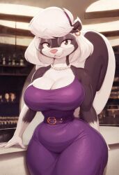 ai_generated belt big_breasts boilerwash endora_(sabrina_online) glasses looking_at_viewer mature_female pearl_necklace purple_dress sabrina_online skunk stable_diffusion voluptuous white_hair