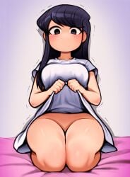 1girls blush blush blushing_at_viewer bottomless clothes_lift embarrassed embarrassed_female female female_focus female_only hi_res highres komi-san_wa_komyushou_desu komi_shouko light-skinned_female light_skin long_hair loodncrood looking_at_viewer no_panties solo solo_female solo_focus thick_thighs thighs