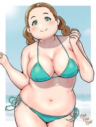 beach bikini blue_eyes blush braid breasts brown_hair female gundam gundam_suisei_no_majo kenken28937178 lilique_kadoka_lipati medium_breasts navel plump side-tie_bikini_bottom smile solo standing swimsuit twin_braids