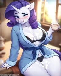 bathrobe big_breasts blue_eyes blush breasts holding_drink innie_pussy looking_at_viewer mostly_nude my_little_pony open_bathrobe purple_hair pussy rarity_(mlp) sitting_on_bed smile twistedscarlett60 unicorn_horn