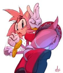 2018 5_fingers amy_rose anthro anus bottomless breasts clothed clothing drooling female female_focus female_only fur furry furry_only gloves hedgehog hi_res looking_back mammal mostly_clothed musikalgenius open_mouth panties panties_down pink_fur pussy pussy_juice rear_view saliva sega simple_background solo solo_female solo_focus sonic_(series) tail tongue tongue_out underwear