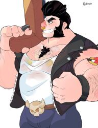 big_hands brawl_stars bulge bull_(brawl_stars) flaccid hairy_arms hairy_chest male_only musclegut solo solo_male tazopon