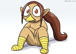 areola avian beak big_eyes brown_eyes brown_hair clothing female hair legwear looking_at_viewer medli nintendo pointy_ears pokehidden ponytail pussy rito simple_background sitting smile socks solo the_legend_of_zelda toony video_games white_background