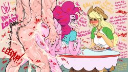 1boy 2girls 2girls1boy annoyed applejack_(eg) applejack_(mlp) ass big_macintosh_(eg) big_macintosh_(mlp) blonde_hair cum cum_inside dialogue english_text excessive_cum fakeryway from_behind huge_ass huge_breasts my_little_pony orange_hair orange_skin pink_hair pink_skin pinkie_pie_(eg) pinkie_pie_(mlp) pleasure_castle possible_incest right_in_front_of_my_salad right_in_front_of_my_salad?_(meme) sex shirt_up text watching