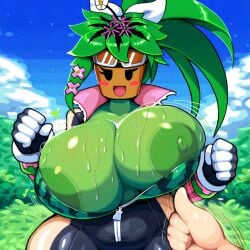 ai_generated areolae big_breasts blaster_master blush flora_fauna flower flower_in_hair humanoid kanna_(blaster_master) leaf_hair looking_at_viewer nipples open_mouth plant_girl plant_hair plant_humanoid pseudo_hair sweat sweating thumbs_up tremble_spikes