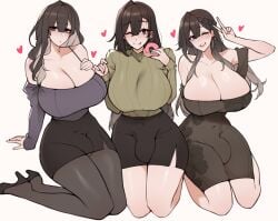 3futas big_breasts blush blushing brown_hair brunette_hair bulge busty cleavage clothed curves curvy family fully_clothed futa_only futanari heels huge_breasts large_breasts light-skinned_futanari light_skin niwada_(unbeller) pantyhose penis_bulge sisters tagme thick thick_thighs thighs unbeller white_background