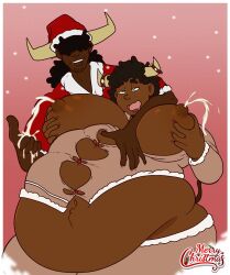 2boys big_belly big_breasts big_chest big_moobs breastmilk busty christmas dark-skinned_male fat fat_belly green_eyes horns jiggletums jiggletumz lactating lactation male male/male male_lactation male_only milk obese obese_male overweight overweight_male santa_costume squiring_milk