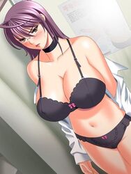 1girls big_breasts blush bra choker female female_only glasses panties solo spectacles undressing white_shirt