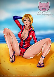 1girls artist_name ass beach blonde_hair breasts brown_eyes cameltoe clothed clouds collarbone curvy feet female female_only footwear fortnite full_body hand_behind_head headhunter_(fortnite) highres human large_breasts lifeguard lipstick long_hair looking_at_viewer naughty_face nenatyrana nipple_bulge open_mouth open_toe_shoes ponytail red_lipstick sandals seaside shirt short_shorts shorts sitting solo sun_strider sunstrider_(fortnite) toes tongue tongue_out tyrana url water