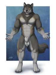 2018 abs animal_genitalia anthro ball_tuft balls canine chest_tuft flaccid jaykat looking_at_viewer male male_only mammal muscular nude pecs penis sheath simple_background smile solo standing tuft wolf