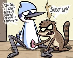 animal_genitalia bird blue_jay furry handjob male male_only mordecai penis pokehidden raccoon regular_show rigby text yaoi