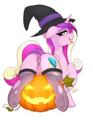 2018 anatomically_correct anatomically_correct_pussy animal_genitalia animal_pussy anus ass clitoral_winking clitoris costume cutie_mark dock equine equine_pussy eyelashes female feral food friendship_is_magic fruit hat hi_res looking_at_viewer looking_back mammal my_little_pony presenting presenting_anus presenting_pussy princess_cadance_(mlp) pumpkin pussy ratofdrawn simple_background solo tongue tongue_out white_background wizard_hat