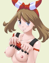 1girls areolae bandana bare_shoulders blue_eyes bow breasts brown_hair enessef-uu erect_nipples eye_contact eyelashes female female_only human human_only looking_at_viewer may_(pokemon) may_(pokemon_oras) nipples no_bra pokemon pokemon_oras shirt shirt_lift short_hair small_breasts smile solo tank_top teeth topless