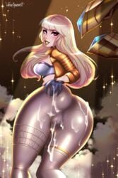 alternate_costume ass ass_grab blonde_hair cameltoe cum cum_on_ass female female_only k/da_kai'sa_prestige_edition k/da_series kai'sa league_of_legends lipstick looking_at_viewer prestige_skin solo spread_ass thick velvetqueenh