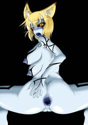 2009 4_breasts animal_humanoid anus ass big_breasts black_sclera blonde_hair blush breasts comic corruption demon female fox_humanoid gaping gaping_anus hair hand_on_butt horn humanoid looking_at_viewer multi_breast nipples nude post_transformation pussy ran_yakumo simple_background solo tamakko tattoo tongue touhou yellow_eyes