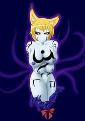 2009 4_breasts animal_humanoid big_breasts black_sclera blonde_hair breasts comic corruption demon female fox_humanoid hair humanoid looking_at_viewer multi_breast nipples nude post_transformation pussy ran_yakumo simple_background solo tamakko tattoo touhou yellow_eyes