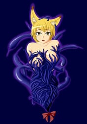 2009 animal_humanoid big_breasts blonde_hair bound breasts comic corruption female fox_humanoid green_eyes hair hat humanoid looking_at_viewer nude ran_yakumo simple_background solo tamakko tentacle touhou