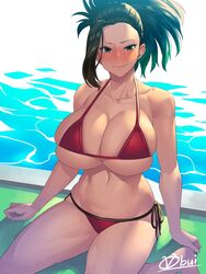 bare_arms bare_legs bare_midriff bare_shoulders bikini blush breasts cleavage halterneck huge_breasts momo_yaoyorozu my_hero_academia obui side-tie_bikini skindentation swimsuit tagme thighs