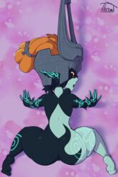 1girls abstract_background all_fours ass back barefoot big_ass black_skin body_markings cute_fang dimples_of_venus eye_contact feet female female_only hairless_pussy helmet highres imp_midna looking_at_viewer looking_back mask midna nintendo no_toes nude open_mouth orange_hair pointy_ears ponytail pussy red_eyes soles solo text the_legend_of_zelda thick_thighs throat_(artist) tied_hair twili twilight_princess two_tone_skin watermark white_skin wide_hips yellow_sclera