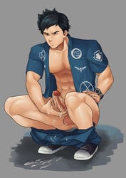 1boy 2017 abs bara black_hair cum human male male_only masturbation muscle muscles nipples open_shirt partially_clothed penis penis_grab shorts_down sigma_klim solo testicles virtue's_last_reward z9_labs z9labs zero_escape