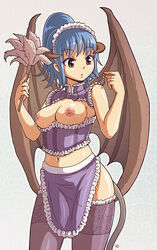 :o ashmet ashmet_(karbo) bare_arms blue_hair breasts brown_eyes demon_girl felarya female giantess hands_up horns human karbo large_breasts looking_at_another maid male midriff navel nipples open_mouth ponytail short_hair sleeveless standing tail thighhighs wings