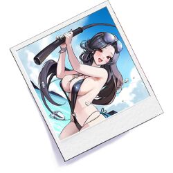 barely_clothed beach bikini black_hair blush fishing fishing_rod game_cg goddess_of_victory:_nikke happy key key_necklace light-skinned_female light_skin long_hair looking_at_viewer maiden_(nikke) maiden_(under_the_sun)_(nikke) ocean official_art open_mouth photo red_eyes solo solo_female summer sunglasses sunglasses_on_head swimsuit water