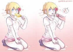 2boys basil_(omori) blonde_hair blowjob blue_eyes clothed_sex cum cumming fellatio femboy gay hornydaddy light-skinned_male light_skin male male_only omori oral penis popsicle tagme twink