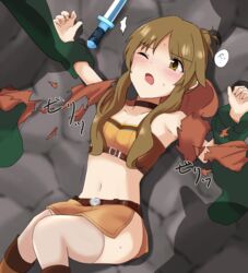 ;o appei_(555) beltskirt blush breasts brown_eyes brown_hair brown_skirt choker cloak defeated female goblin goblin_male green_skin hair_bun held_down highres idolmaster idolmaster_cinderella_girls imminent_rape knife lying midriff miniskirt monster navel on_back on_floor one_eye_closed peril restrained sidelocks skirt small_breasts solo_focus strapless sweatdrop sword takamori_aiko tearing_up tears thighhighs tubetop weapon winking wrist_grab