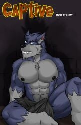 1boy anthro barefoot biceps blue_eyes bottomwear canid canine canis captive_(vju79) captive_(vju79):_part_i clothed clothing comic cover_page dark_room english_text furry fut gervic_(vju79) grey_body grey_fur hi_res inner_ear_fluff loincloth male male_anthro male_focus male_only mammal muscular muscular_anthro muscular_male on_ground page_0 sitting sitting_on_floor skimpy solo solo_focus teeth tuft vju79 wolf